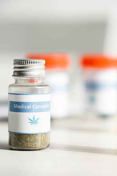 selective focus of bottle with medical cannabis lettering  - Photo, Image
