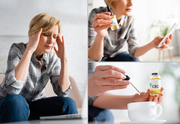 collage of mature woman with migraine holding bottle while using smartphone and adding cbd oil in drink  - Photo, Image