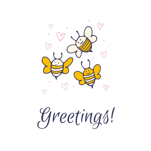 Greeting card with cute yellow bee - Zdjęcie, obraz