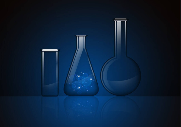 Abstract transparent glass flask with a mysterious substance and two empty glass flasks isolated on a dark background. Chemical and biological experiments. Vector illustration for your design. - Vektör, Görsel