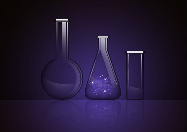 Frasco de vidro transparente abstrato com uma substância misteriosa e dois frascos de vidro vazios isolados num fundo escuro. Experiências químicas e biológicas. Ilustração vetorial para o seu design
. - Vetor, Imagem
