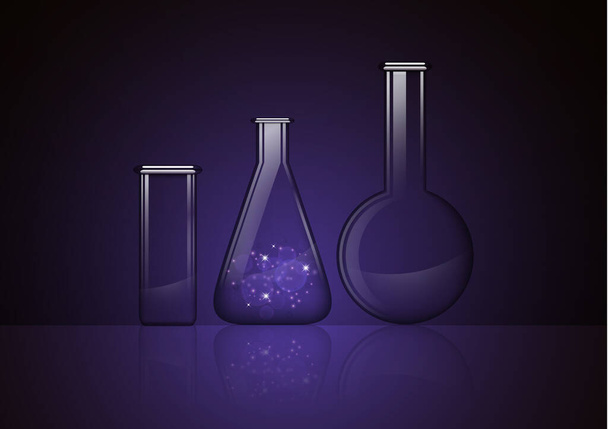 Frasco de vidro transparente abstrato com uma substância misteriosa e dois frascos de vidro vazios isolados num fundo escuro. Experiências químicas e biológicas. Ilustração vetorial para o seu design
. - Vetor, Imagem