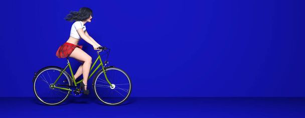 Girl skirt on bicycle.Ecological urban transport.Vintage bicycle room against wall.Studio photography.Minimal style.Copy space. 3D render bike illustration.Modern trend color 2020-Phantom Blue - Photo, image