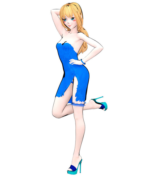 3D render sexy anime doll japanese girl big blue eyes bright makeup.Blue short dress with slit.Lace garter on leg.Cartoon, comics, sketch, drawing, manga isolated illustration.Conceptual fashion art. - Photo, image