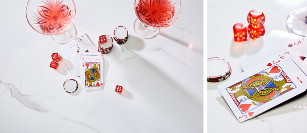 Collage van glazen cocktail, dobbelstenen, speelkaarten en casino chips op witte achtergrond - Foto, afbeelding