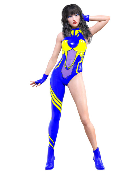 3D render sexy anime japanese girl.Futuristic extravagant latex clothing woman.Comic cosplay hero.Cartoon, comics, manga illustration.Conceptual fashion art.Isolate - Photo, Image