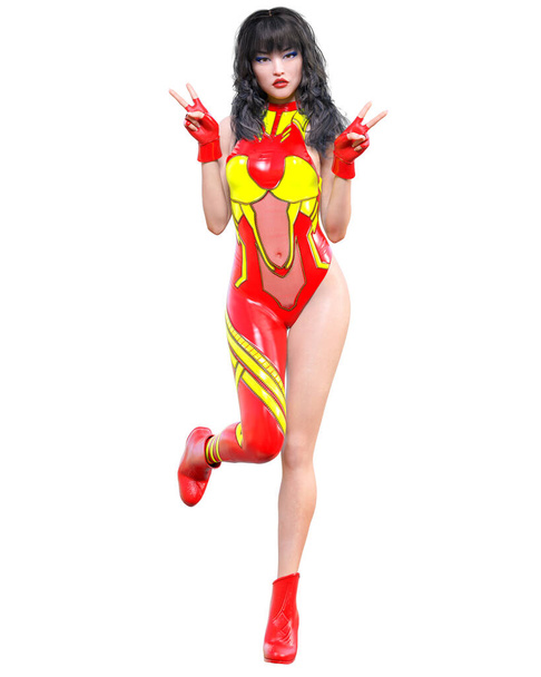 3D render sexy anime japanese girl.Futuristic extravagant latex clothing woman.Comic cosplay hero.Cartoon, comics, manga illustration.Conceptual fashion art.Isolate - Photo, Image