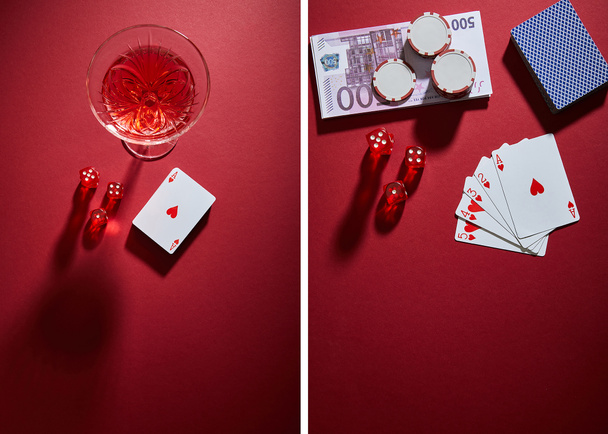 Collage of glass of cocktail, playing cards, casino chips, banknotes and dice on red background - Photo, Image