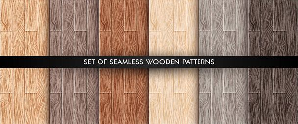 Fa deszka textúra zökkenőmentes minták készlet. Realisztikus különböző színű fa táblák. Irodai és háztartási textúrák gyűjteménye. Vektor illusztráció design elemek web, dekoráció, alkalmazás, háttér - Vektor, kép