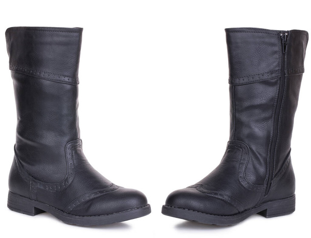 Classic black glossy leather high knee flat heels female boots. Two isolated - Photo, Image