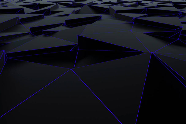 Resumen futurista bajo fondo poli de triángulos negros con una rejilla azul luminosa. Minimalista renderizado en 3D negro
. - Foto, imagen
