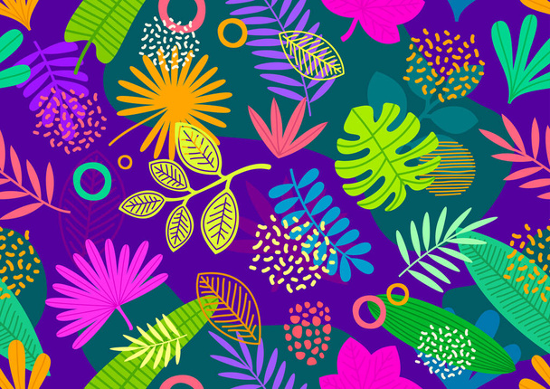 Seamless background with tropical leaves and plants. Floral multicolored pattern for wallpaper, cover, poster, flyer, greeting or invitation, Vector illustration - Vettoriali, immagini
