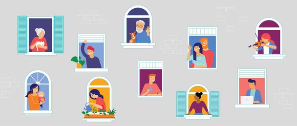 Stay at home, concept design. Different types of people, family, neighbors in their own houses. Self isolation, quarantine during the coronavirus outbreak. Vector flat style illustration stock - Vector, Image