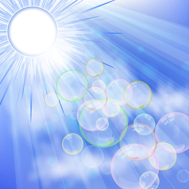 Fondo abstracto de cielo azul, sol brillante y muchas burbujas de jabón. La idea de aire fresco y atmósfera limpia. Ilustración vectorial para su diseño
. - Vector, imagen