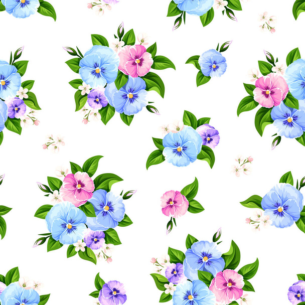 Vector seamless pattern with blue, pink and purple pansy flowers. - Vektör, Görsel