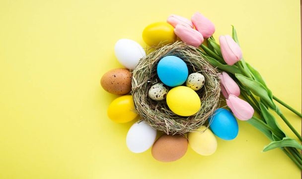 Easter colored eggs in the nest on yellow background - Фото, изображение