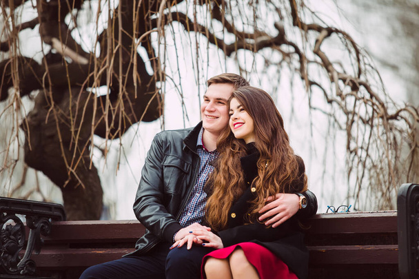 Loving couple sitting on a bench - Фото, зображення