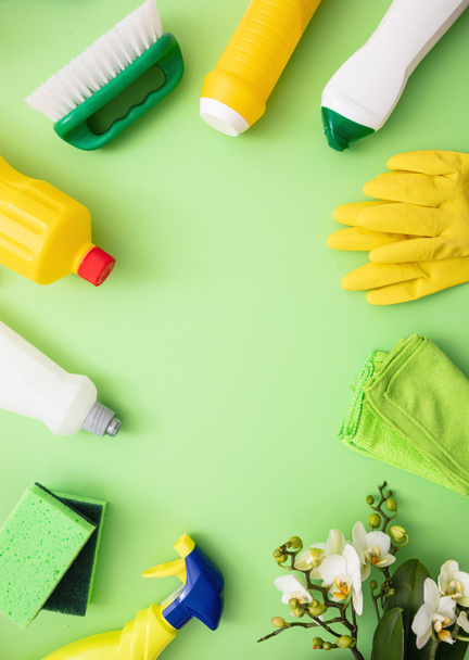 Οικιακός καθαρισμός οικολογικό φόντο άνοιξη. Προϊόντα καθαρισμού επίπεδες στρώσεις, χημικά απορρυπαντικά μπουκάλια και φρέσκα άνθη σε πράσινο χρώμα φόντο, - Φωτογραφία, εικόνα