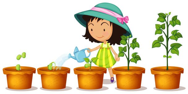 白い背景のイラストで幸せな女の子の散水植物 - ベクター画像