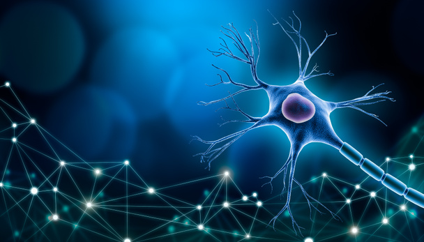 Nöron hücre gövdesi çekirdek dizaynlı, üç boyutlu resimleme kopya alanı ve mavi arkaplan. Plexus hatları ağıyla. Nöroloji, nöroloji, biyoloji, psikoloji, tıp, mikrobiyoloji, bilimsel araştırma grafikleri. - Fotoğraf, Görsel