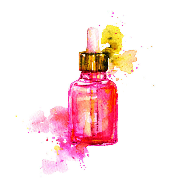 Roze glazen cosmetische fles, serum of vloeistof. Aquarelillustratie, spatten en druppels verf en inkt.  - Foto, afbeelding