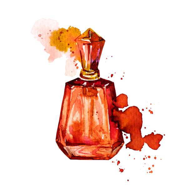 Waterverffles parfum, teracotta glas. Spatten en druppels verf en inkt. - Foto, afbeelding