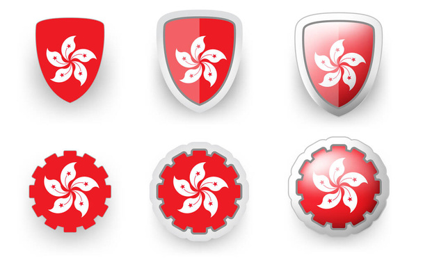 6 vector icons of Hong Kong flag shield button and cogwheel, flat and volumetric style in flag colors red, white for poster, flyer - Vector, afbeelding