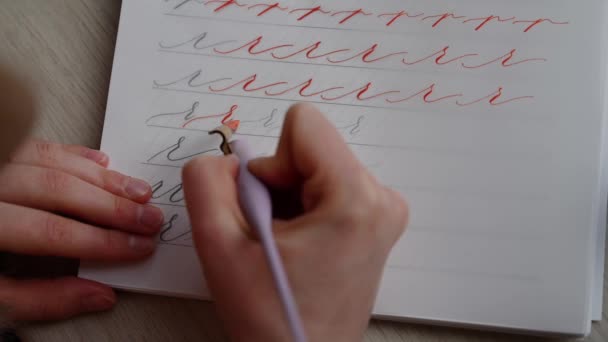 uma menina preenche um caderno de caligrafia com belos símbolos
 - Filmagem, Vídeo