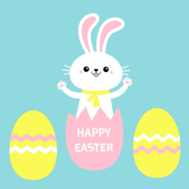 Happy Easter painted eggs. Rabbit bunny holding paw print hands up. Yellow scarf. Cute cartoon kawaii funny baby character. White farm animal. Blue background. Isolated Flat design Vector illustration - Vector, imagen