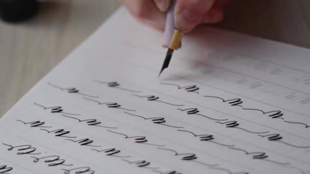 Bir kız kaligrafi defterini güzel sembollerle dolduruyor. - Video, Çekim