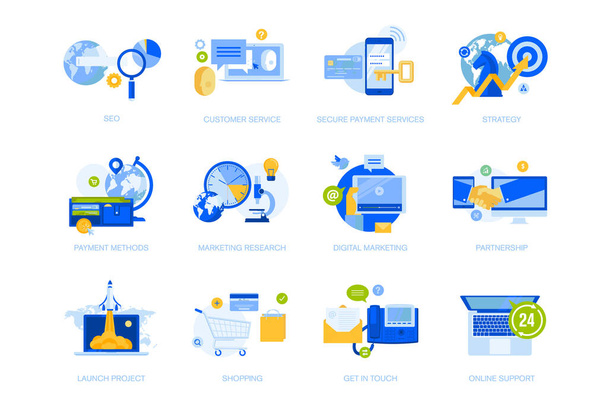 Flat design concept icons collection. Vector illustrations for business strategy, communication and support, startup, online payment, shopping, seo, internet marketing. Icons for graphic and web designs, marketing material and business presentations. - Vector, Image