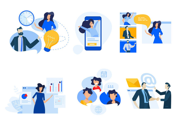 Flat design concept icons collection. Vector illustrations of conference call, social media, video streaming, business apps, time and project management. Icons for graphic and web designs, marketing material and business presentations.  - Vector, Image