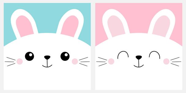 White bunny rabbit head face square icon set. Cute cartoon kawaii funny character. Pet baby print for notebook cover, greeting card. Moustaches. Happy Easter. Flat design. Blue background. Vector - Vector, imagen