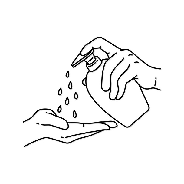 Concepto de desinfección. Jabón líquido con bombeo de botella. Aplicar un desinfectante hidratante. Lavarse las manos. Ilustración vectorial diseño plano
. - Vector, Imagen