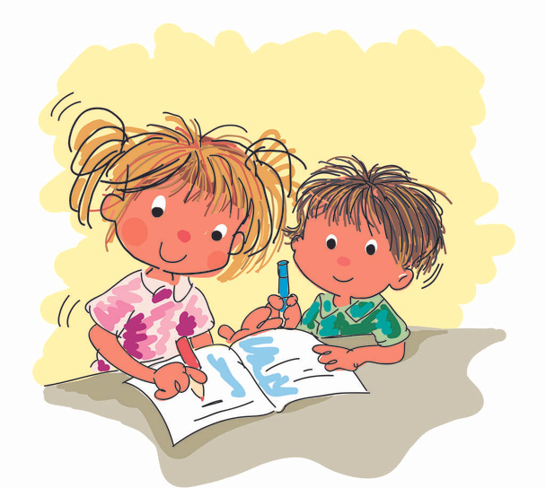 Счастливые дети пишут в тетрадке - векторная иллюстрация - Вектор,изображение