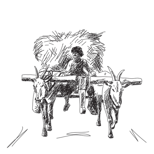 Cow carries a cart with farmer Hand drawn - Διάνυσμα, εικόνα