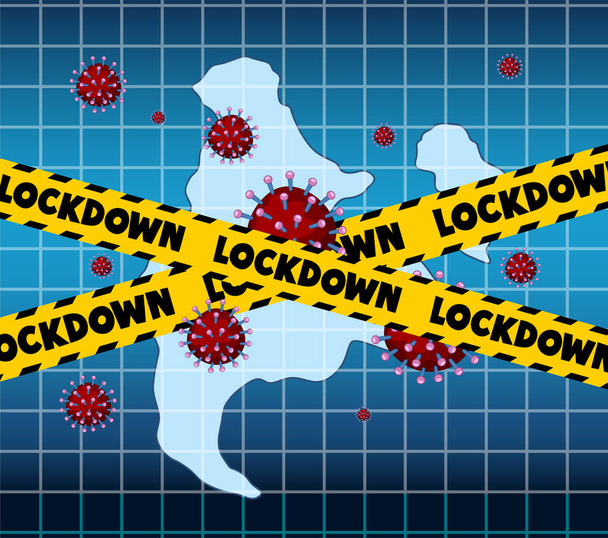 Дизайн коронавирусного плаката со словом блокировка и иллюстрацией вирусных клеток
 - Вектор,изображение