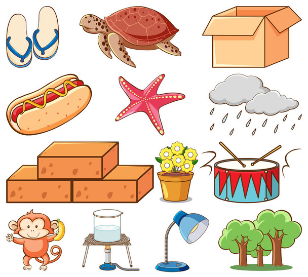 Large set of different animals and other objects on white background illustration - Vector, Image