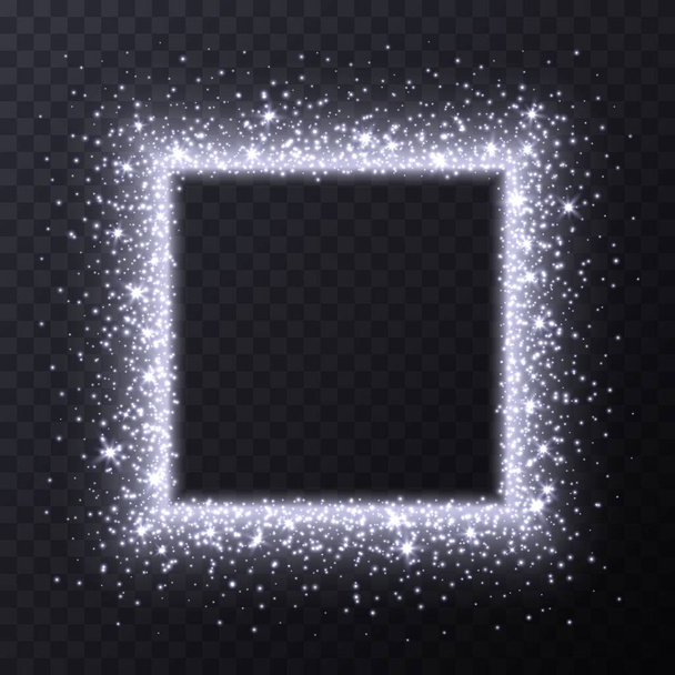 Silberner quadratischer Rahmen mit Funkeln und Fackeln, abstrakte Leuchtpartikel, weißer Sternenstaub-Lichteffekt. - Vektor, Bild