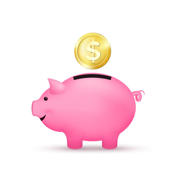 Pink piggy bank and falling golden coin. Saving money concept. Vector illustration - Vector, afbeelding