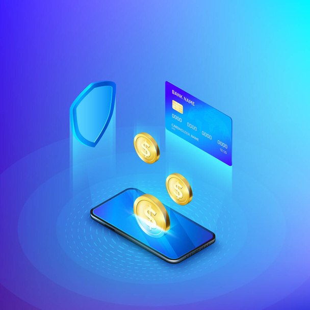 Mobile phone and falling gold coin credit card and shield concept of banking online or deposit money isometric banner. Security of banking account or payment service. Vector  - Vecteur, image