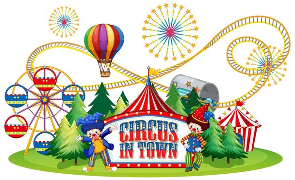 Дизайн шрифту для слова цирк у місті з клоунами на цирковій ілюстрації
 - Вектор, зображення