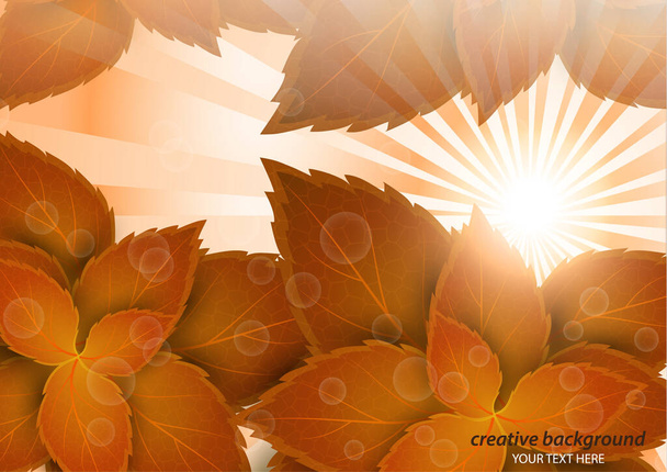 Jasne twórcze liście przez promienie słońca. Abstrakcyjny plakat ze świecącym słońcem i rozmazanym tłem. Ilustracja wektora - Wektor, obraz