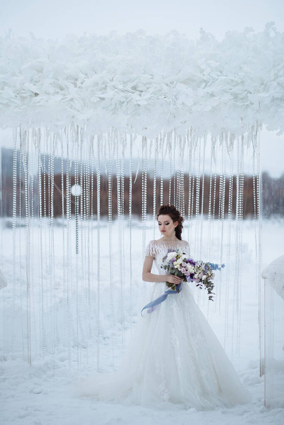 Bride with beautiful on wedding winter shooting on the background of wedding winter scenery - Zdjęcie, obraz