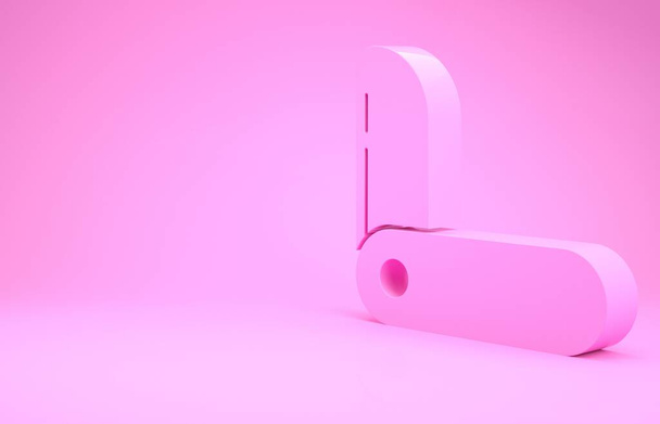Розовый швейцарский армейский нож значок изолирован на розовом фоне. Многофункциональный многофункциональный перочинный нож. Многофункциональный инструмент. Концепция минимализма. 3D-рендеринг - Фото, изображение