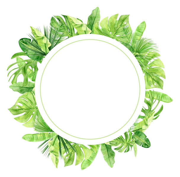 Green palm leaves and flowers frame. Tropical plant. Hand painted watercolor illustration isolated on white background. Realistic botanical art. For Wedding invitations and social media post - Fotó, kép