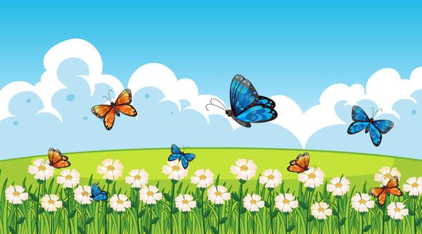 natura scena tło z motyle latające w ogrodzie ilustracja - Wektor, obraz