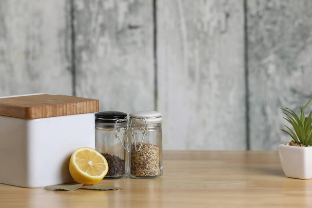 jar of salt and pepper and lemon. Breakfast - Photo, Image