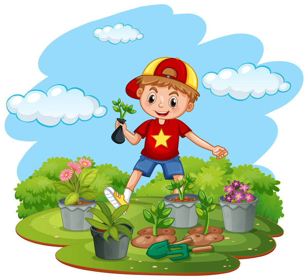 Scena con bambino piantare alberi nel giardino illustrazione - Vettoriali, immagini