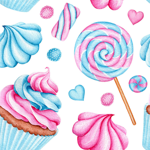Seamless pattern with Watercolor cupcakes and lollipop. Bright Sweets for Birthday postcard, Greeting card. Background  for holiday and party. Textile print. Artistic design with food  for cafe. Freehand drawing. - Foto, Imagem